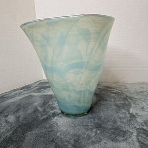 Jozefina Krosno Hand Made In Poland, Handkerchief Vase Art Glass, Blue Swirled